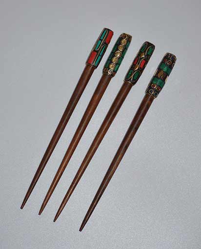 Metal Carved Top Wooden Hair Pins